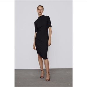 Zara Asymmetric ribbed ruched bodycon dress